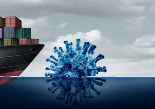 Shipping Disease risk and cargo logistics dealing with the coronavirus or influenza as a freight ship facing a dangerous iceberg as a business import export management metaphor as a 3D illustration.